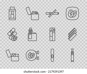 Set Line Lighter, Electronic Cigarette, No Smoking, Tobacco Leaf Shop, Vape Mod Device, Cigar And Cigarette Rolling Papers Icon. Vector