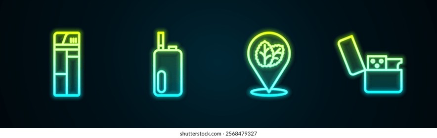 Set line Lighter, Electronic cigarette, Tobacco leaf and . Glowing neon icon. Vector