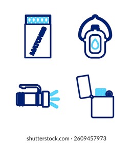 Set line Lighter, Flashlight, Canteen water bottle and Open matchbox and matches icon. Vector