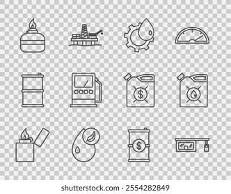 Set line Lighter, Gas filling station, Oil industrial factory building, Bio fuel, Alcohol spirit burner, Petrol gas, Barrel oil with dollar and Canister for motor machine icon. Vector