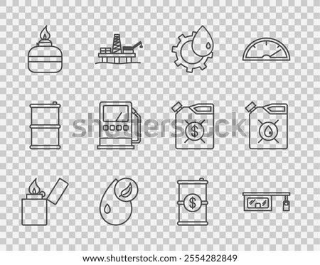 Set line Lighter, Gas filling station, Oil industrial factory building, Bio fuel, Alcohol spirit burner, Petrol gas, Barrel oil with dollar and Canister for motor machine icon. Vector