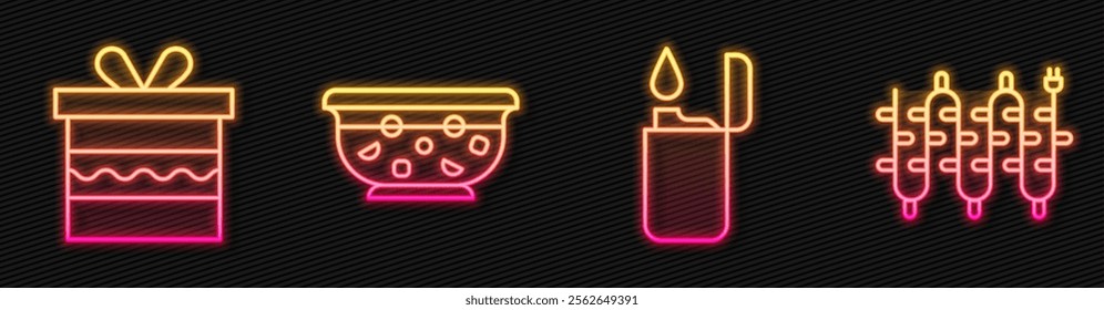 Set line Lighter, Gift box, Mixed punch in bowl and Christmas lights. Glowing neon icon. Vector