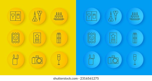 Set line Lighter, LSD acid mark, Greeting card, Glass of champagne, Gift box, Cake with burning candles and Dart arrow icon. Vector