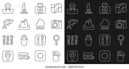 Set line Lighter, Magnifying glass, Photo camera, First aid kit, Mountains, Fish, Barbecue grill and Cloud with rain icon. Vector