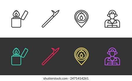 Set line Lighter, Metal pike pole, Location with fire flame and Firefighter on black and white. Vector