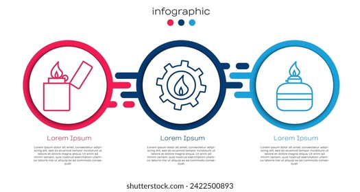 Set line Lighter, Oil industrial factory building and Alcohol or spirit burner. Business infographic template. Vector