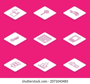 Set line Lighter, Parking, Car, Meteorology thermometer, Calendar, Open matchbox and matches, Road traffic signpost and Coffee cup icon. Vector