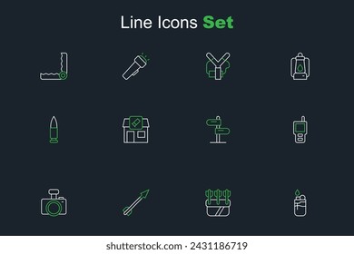 Set line Lighter, Quiver with arrows, Medieval, Photo camera, Walkie talkie, Road traffic sign, Hunting shop and Bullet icon. Vector