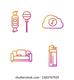 Set line Lighter , Sofa , Lollipop  and Music streaming service . Gradient color icons. Vector