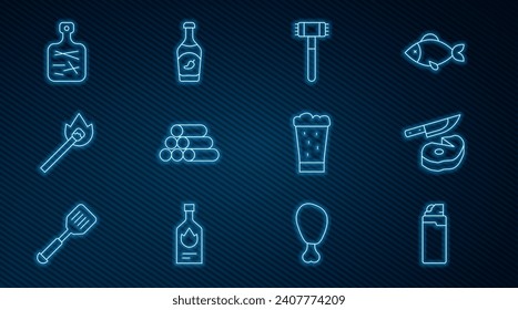 Set line Lighter, Steak meat and knife, Kitchen hammer, Wooden logs, Burning match with fire, Cutting board, Glass of beer and Ketchup bottle icon. Vector
