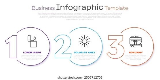 Set line Lighter, Sun and Rv Camping trailer. Business infographic template. Vector