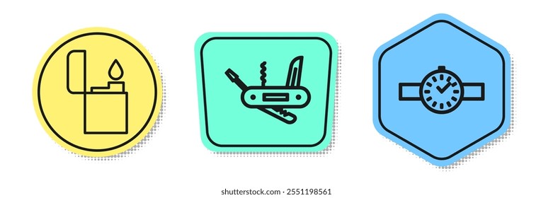 Set line Lighter, Swiss army knife and Wrist watch. Colored shapes. Vector