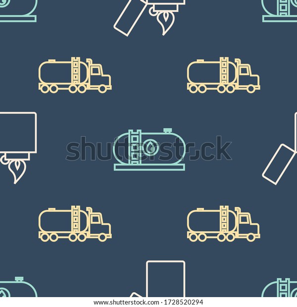 Set line Lighter, Tanker truck\
and Oil industrial factory building on seamless pattern.\
Vector