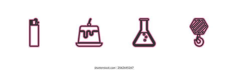 Set line Lighter, Test tube and flask, Pudding custard and Industrial hook icon. Vector