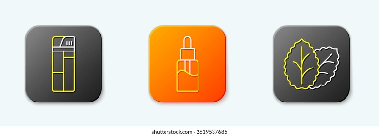 Set line Lighter, Vape liquid bottle and Tobacco leaf icon. Vector