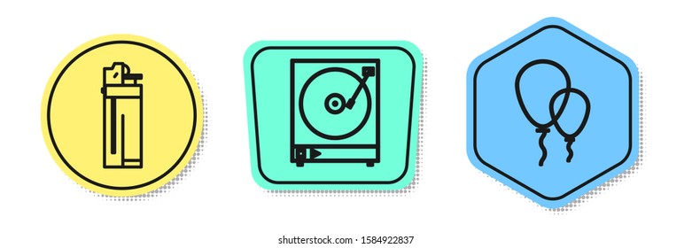 Set line Lighter , Vinyl player with a vinyl disk  and Balloons with ribbon . Colored shapes. Vector