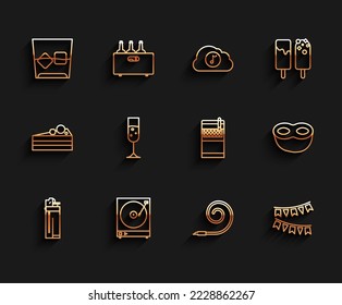 Set line Lighter, Vinyl player with a vinyl disk, Glass of whiskey and ice cubes, Birthday party horn, Carnival garland flags, champagne, Festive mask and Open cigarettes pack box icon. Vector