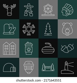 Set line Lighthouse, Acorn, Beaver animal, Ferris wheel, Snowflake, Christmas mitten, Moose head with horns and Canadian spruce icon. Vector