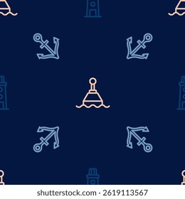 Set line Lighthouse, Anchor and Floating buoy on seamless pattern. Vector