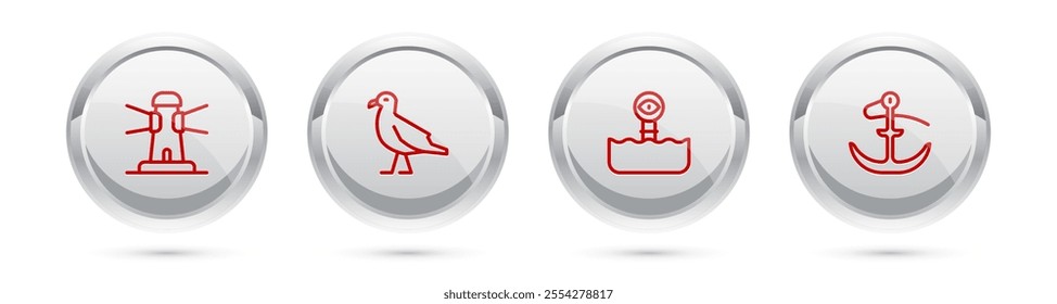 Set line Lighthouse, Bird seagull, Periscope and Anchor. Silver circle button. Vector