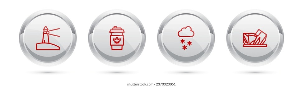 Set line Lighthouse, Coffee cup to go, Cloud with snow and Royal Ontario museum. Silver circle button. Vector