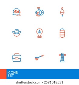 Set line Lighthouse, Fishing net, Case or box for fishing, Dried, hook, float and Spinning reel icon. Vector