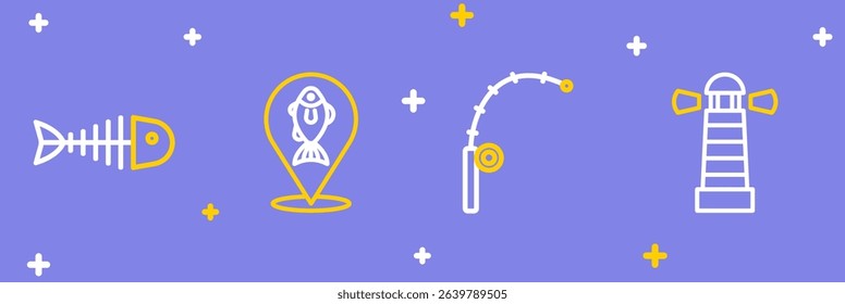 Set line Lighthouse, Fishing rod, Location fishing and skeleton icon. Vector