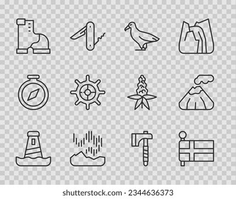 Set line Lighthouse, Flag of Iceland, Albatross, Northern lights, Winter warm boot, Ship steering wheel, Wooden axe and Volcano icon. Vector