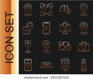 Set line Lighthouse, Laptop with location marker, Location person, Toll road traffic sign, City map navigation, Route,  and Monitor icon. Vector