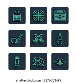 Set line Lighthouse, Location pirate, Pirate hat, Antique treasure chest, Crossed swords, Smoking pipe, Alcohol drink Rum and Gallows rope loop hanging icon. Vector