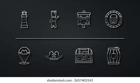 Faro, pirata de Locación, moneda pirata, cofre del tesoro antiguo, sombrero, decreto, pergamino, pergamino, barril de pólvora de pistola e icono de la bandera. Vector