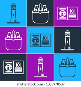 Fijar línea Faro, Bolsa de Pasaporte y Refrigerador e icono de agua. Vector