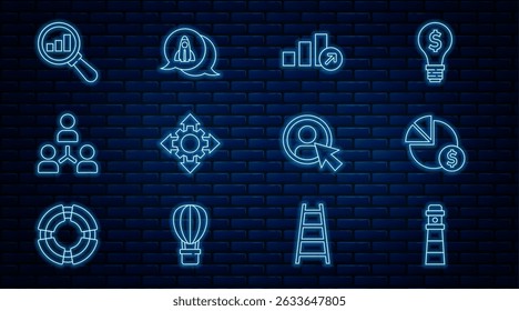 Set line Lighthouse, Pie chart and dollar, Financial growth, Project team base, Magnifying glass analysis, Create account screen and Startup project concept icon. Vector