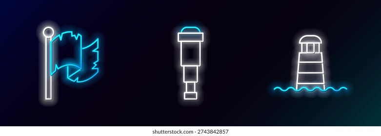 Set line Lighthouse, Pirate flag and Spyglass telescope lens icon. Glowing neon. Vector