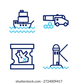Establecer línea de faro, mapa del tesoro pirata, cañón con balas de cañón y el icono de barco. Vector