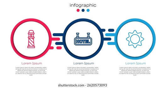 Set line Faro, Letrero con texto Hotel y Sol. Plantilla de infografía de negocios. Vector