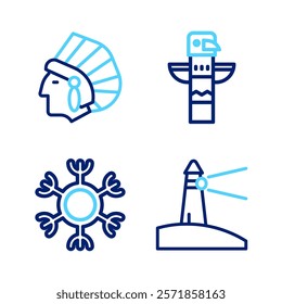 Set line Lighthouse, Snowflake, Canadian totem pole and Native American Indian icon. Vector