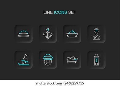 Set line Lighthouse, Speedboat, Sailor, Windsurfing, Folded paper, Anchor and hat icon. Vector