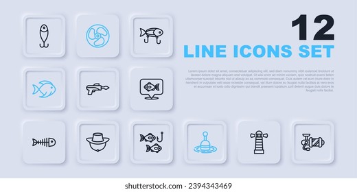Set line Lighthouse, Spinning reel for fishing, Fishing harpoon, float water, Fisherman hat, Outboard boat motor and hook with icon. Vector