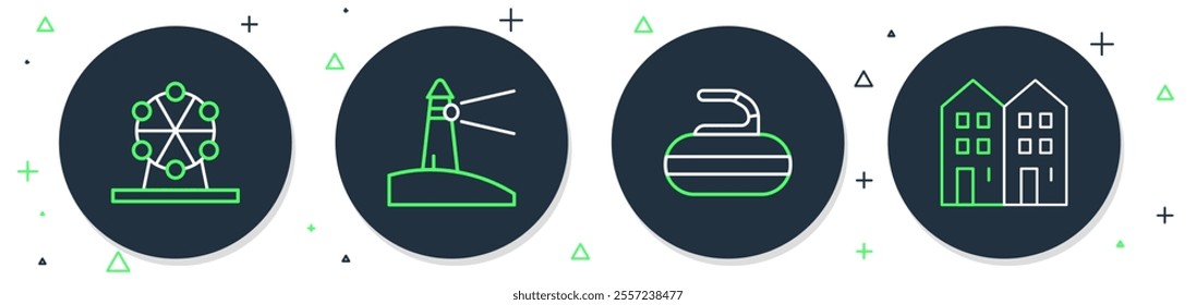 Set line Lighthouse, Stone for curling, Ferris wheel and House icon. Vector