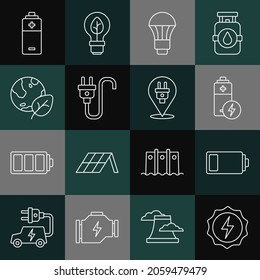 Set line Lightning bolt, Battery, LED light bulb, Electric plug, Earth globe and leaf,  and  icon. Vector