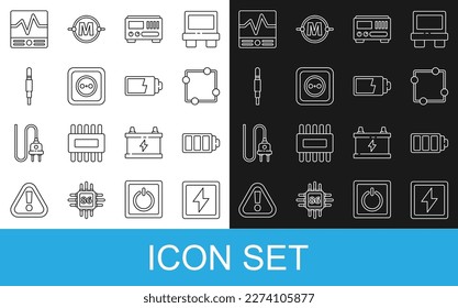 Set line Lightning bolt, Battery charge level indicator, Electric circuit scheme, Electrical measuring instruments, outlet, Audio jack,  and  icon. Vector