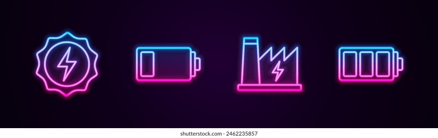 Set line Lightning bolt, Battery, Nuclear power plant and . Glowing neon icon. Vector