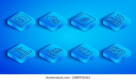 Set line Lightning bolt, bulb with leaf, Resistor electronic circuit, Nuclear power plant, Battery charge, Ampere meter, multimeter, Electric tower line and  icon. Vector