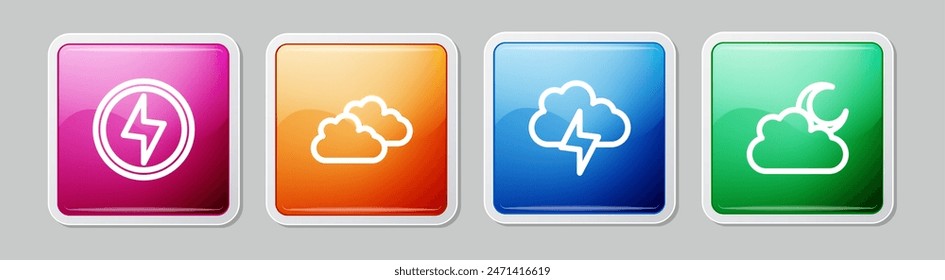 Set line Lightning bolt, Cloud, Storm and with moon. Colorful square button. Vector