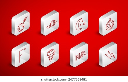Set line Lightning bolt, Cone meteorology windsock wind vane, Moon and stars, Compass, Not applicable, Comet falling down fast, Tornado and Fahrenheit icon. Vector