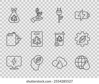 Set line Lightning bolt, Earth planet water drop, Electric saving plug leaf, Human head with inside, Garbage bag recycle, Paper, Cloud rain and Leaf plant gear machine icon. Vector