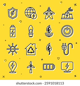 Set line Lightning bolt, Electric plug, Power button, tower, bulb, Battery, Shield with leaf and Earth globe and icon. Vector