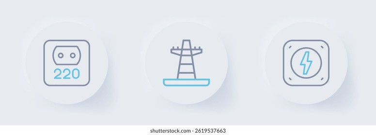Set line Lightning bolt, Electric tower line and Electrical outlet icon. Vector