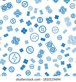 Set line Lightning bolt, Electrical outlet and Processor with microcircuits CPU on seamless pattern. Vector